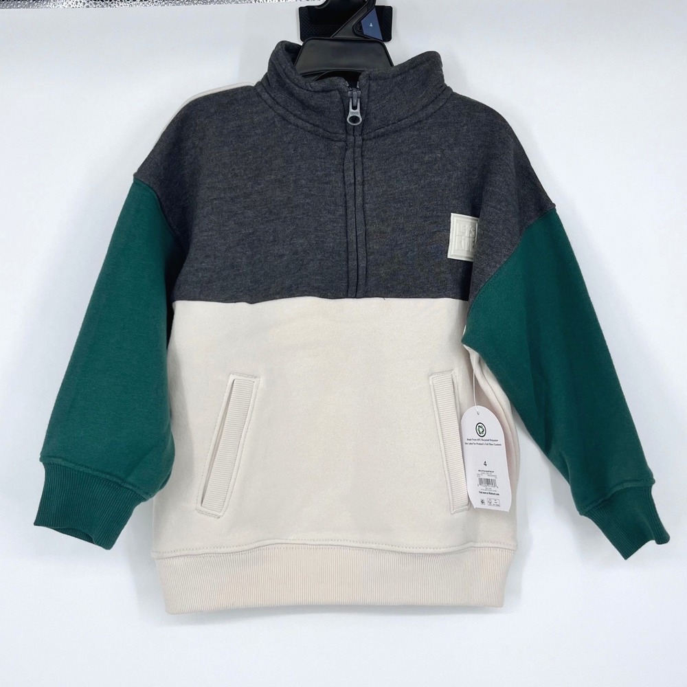 Wonder Nation Quarter Zip Sweatshirt Kids Size 4 Grey Green Cream Colorblock